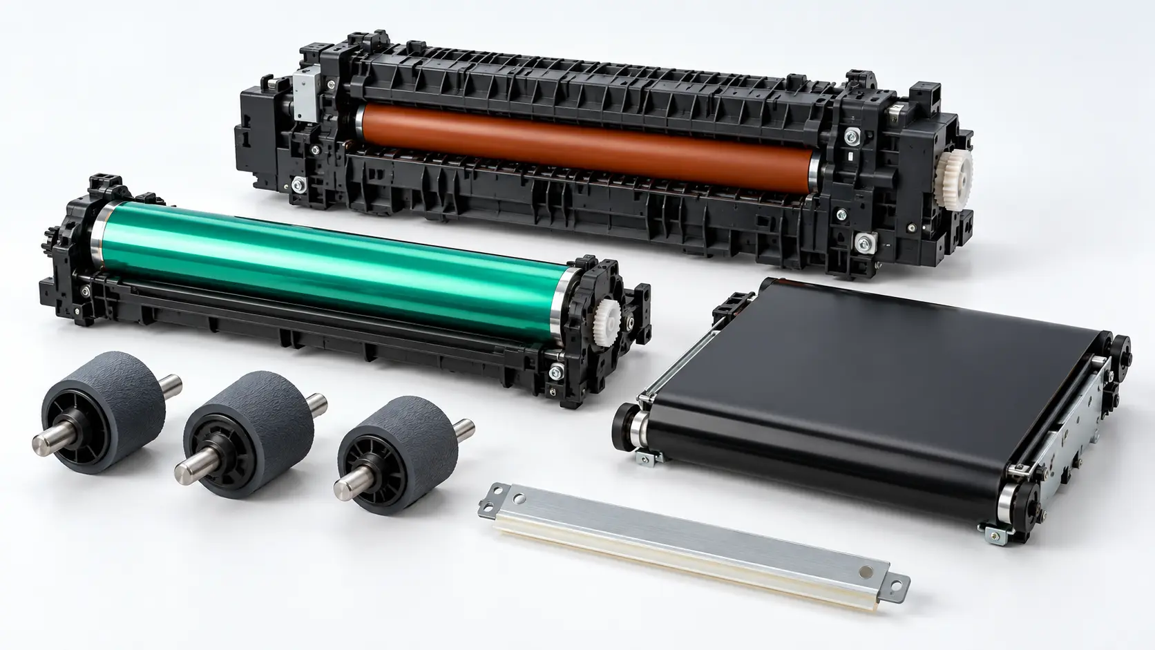 Printer spare parts including a fuser unit, drum, transfer belt, feed rollers and cleaning blade