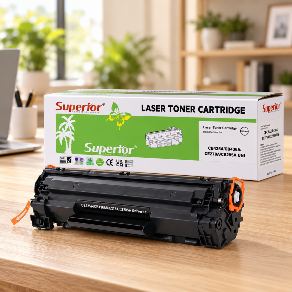 Superior CB435A compatible black toner cartridge with 35A 36A 78A 85A packaging