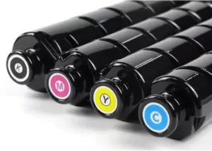 Close-up of black, magenta, yellow and cyan toner cartridge ends