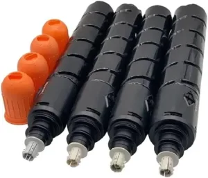 Four compatible toner cartridges with orange protective caps