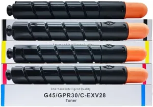 C-EXV 28 toner cartridges displayed above their NPG45 GPR30 C-EXV28 packaging
