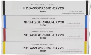 NPG45 GPR30 C-EXV28 toner boxes showing black, cyan, magenta and yellow colour bands