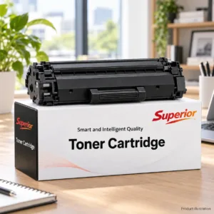 Superior black laser toner cartridge on its branded box in a modern office