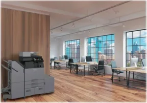Sharp BP-50M series multifunction printer illustrated in an office setting in Dubai UAE