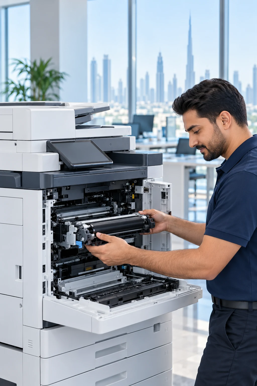 Professional technician servicing an office printer in a modern UAE office