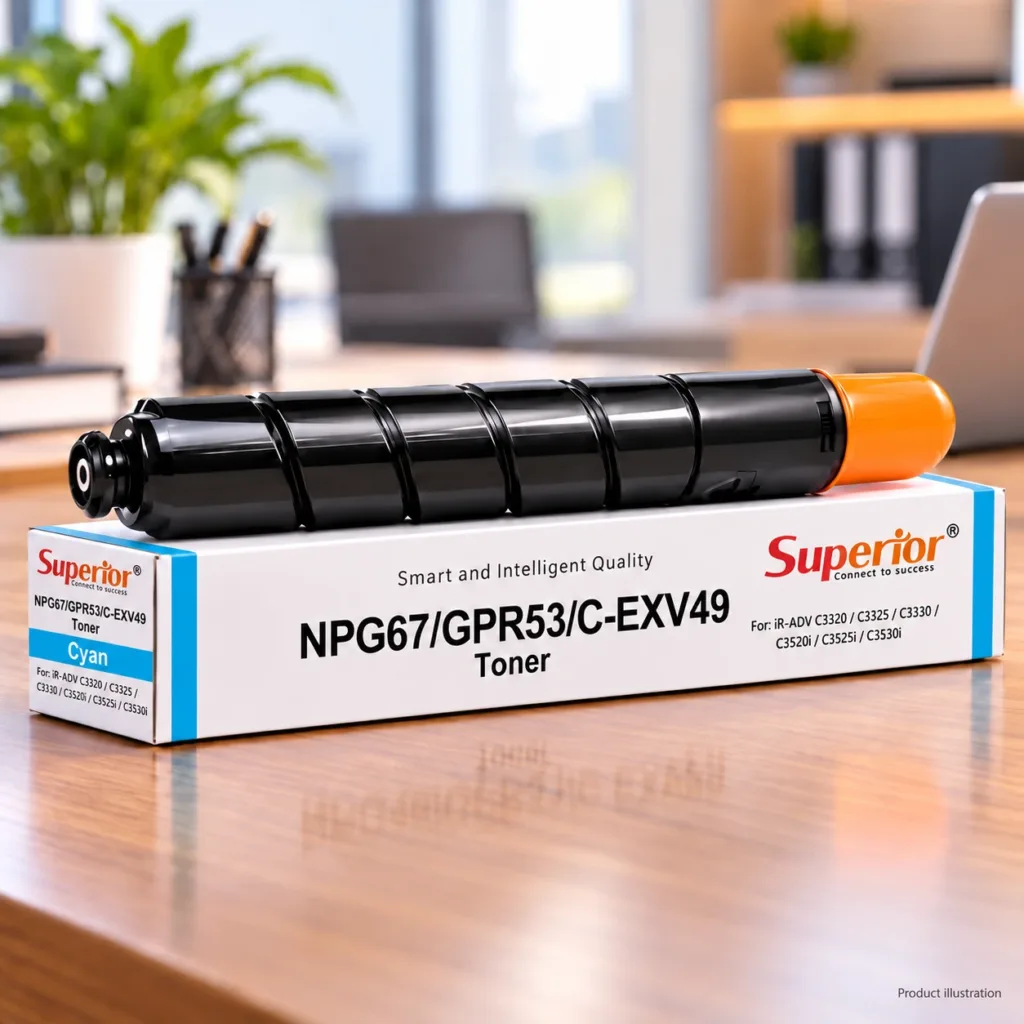 Superior C-EXV 49 Cyan toner cartridge and box for Canon printers