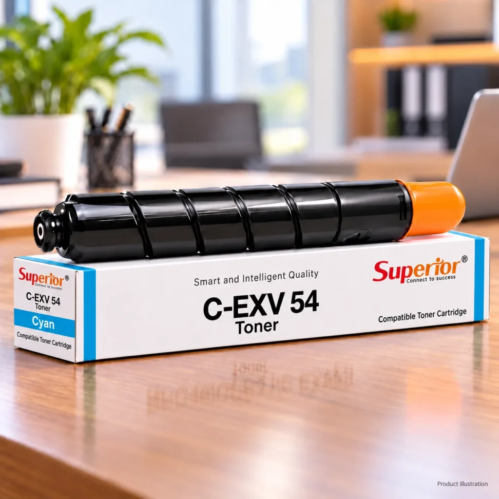 Superior C-EXV 54 cyan toner cartridge with matching box on an office desk