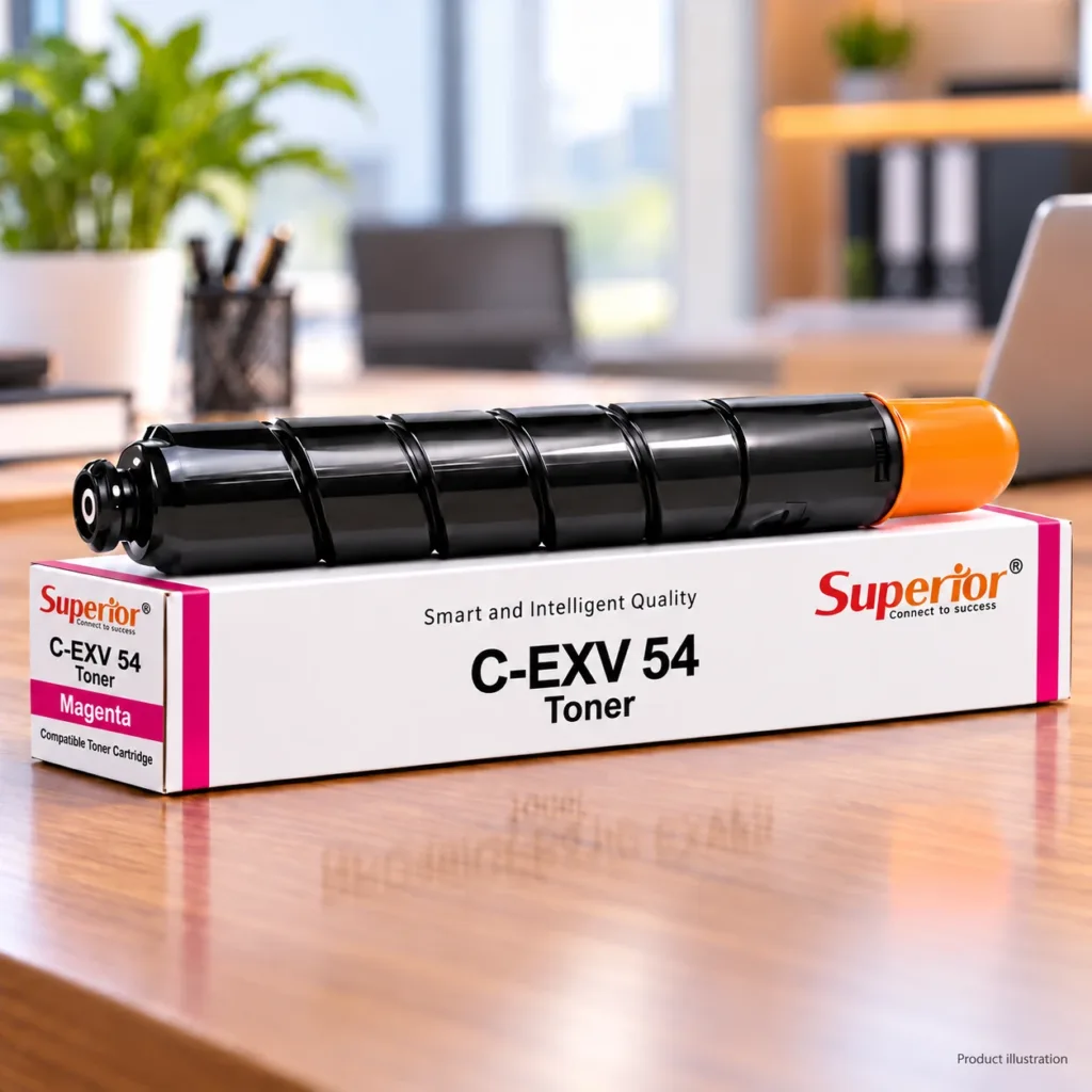 Superior C-EXV 54 magenta toner cartridge with matching box on an office desk