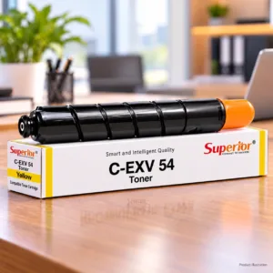 Superior C-EXV 54 yellow toner cartridge with matching box on an office desk
