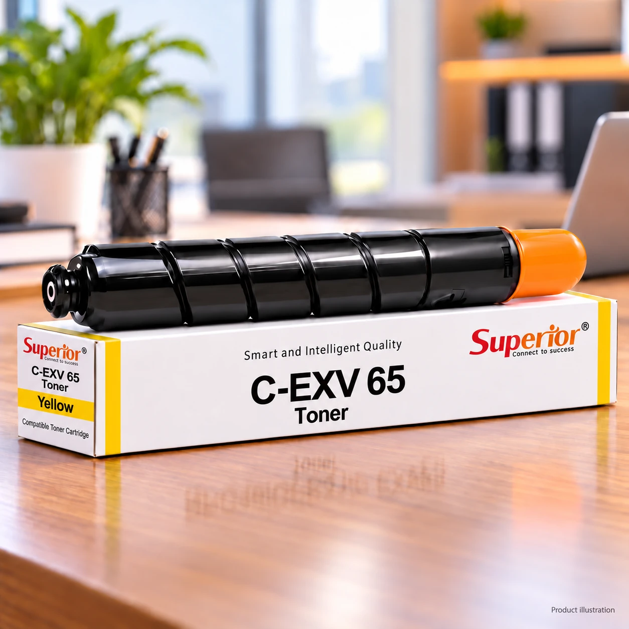 Superior C-EXV 65 Toner Yellow for Canon Superior C-EXV 65 yellow toner cartridge with matching box on an office desk