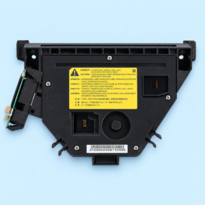 Top-down view of Canon IR 2520 Laser Unit showing polygon mirror housing and yellow caution label