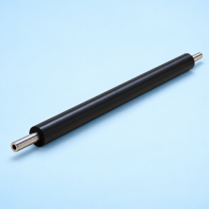 Angled perspective of Superior Canon C256i Primary Charge Roller showing black conductive rubber sleeve and steel core shaft