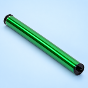 Superior Sharp BP-50M65 green OPC drum shown diagonally with reflective photoconductor coating, black gear ring and end cap
