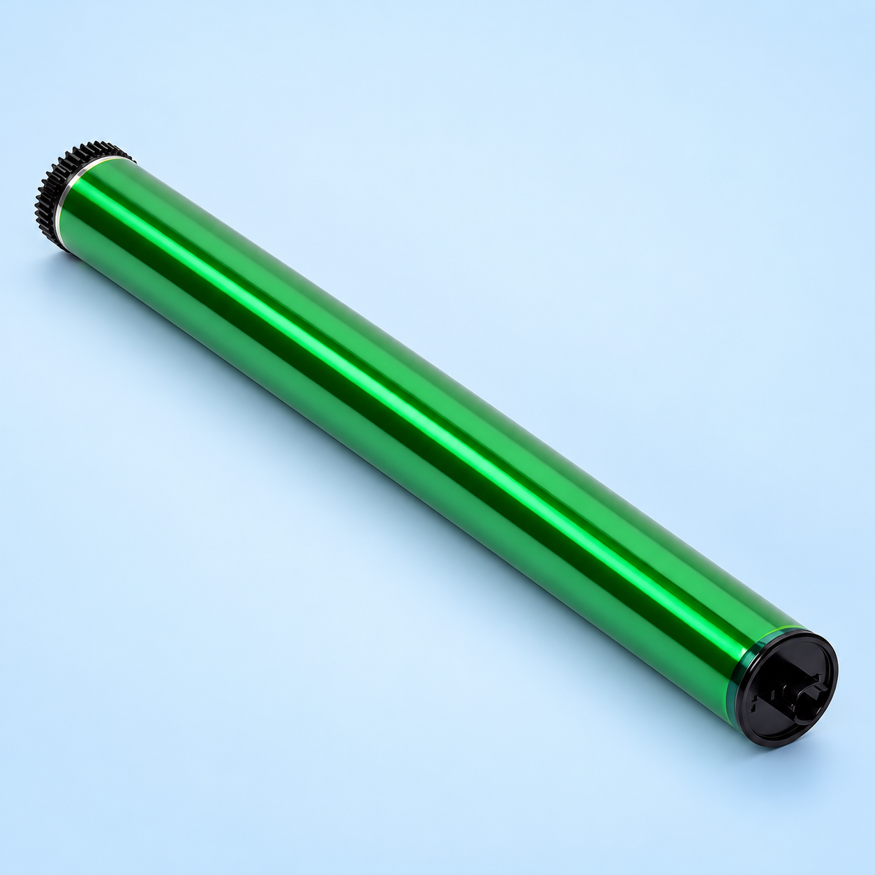 Superior Sharp BP-50M65 Green OPC Drum – Angled View Superior Sharp BP-50M65 green OPC drum shown diagonally with reflective photoconductor coating, black gear ring and end cap
