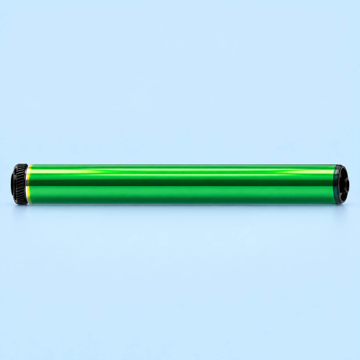 Superior Sharp BP-50M65 OPC Drum – Horizontal Side View Superior Sharp BP-50M65 OPC drum horizontal side view showing full-length metallic green photoconductor cylinder and black end caps