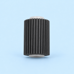 Superior Sharp NROLR1541FCZ1 paper feed separation roller upright front view with vertical black rubber grooves and white plastic ends