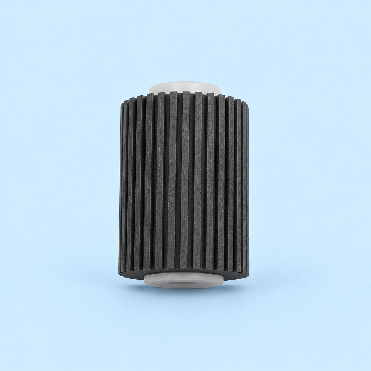Superior Sharp Paper Feed Roller – Upright Front View Superior Sharp NROLR1541FCZ1 paper feed separation roller upright front view with vertical black rubber grooves and white plastic ends